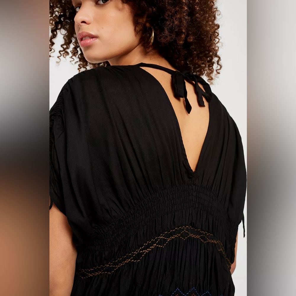 Free People Love On The Run Embroidered Smocked Tie Back Dress Ruched Sleeve